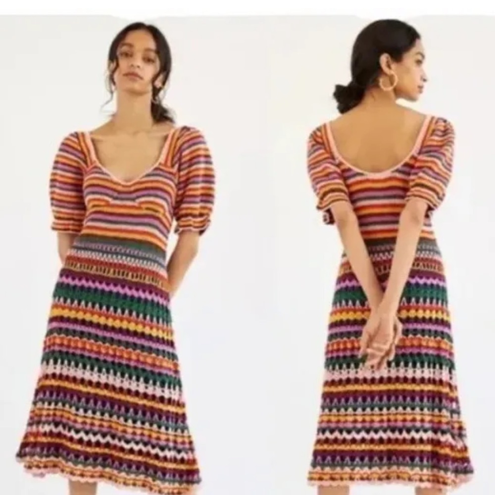 Farm Rio for Anthropologie Paloma Crochet MIDI Dress Colorful Knit